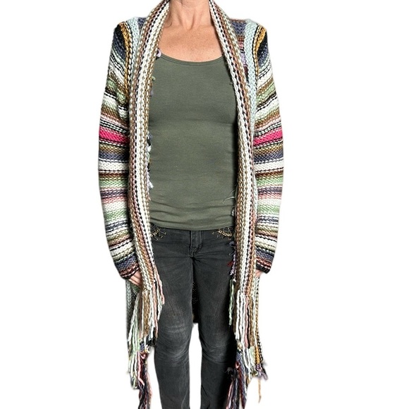 T Party Cardigan Duster Women’s Multi Color Knit Fringe Coat of Many Colors S - Picture 3 of 9
